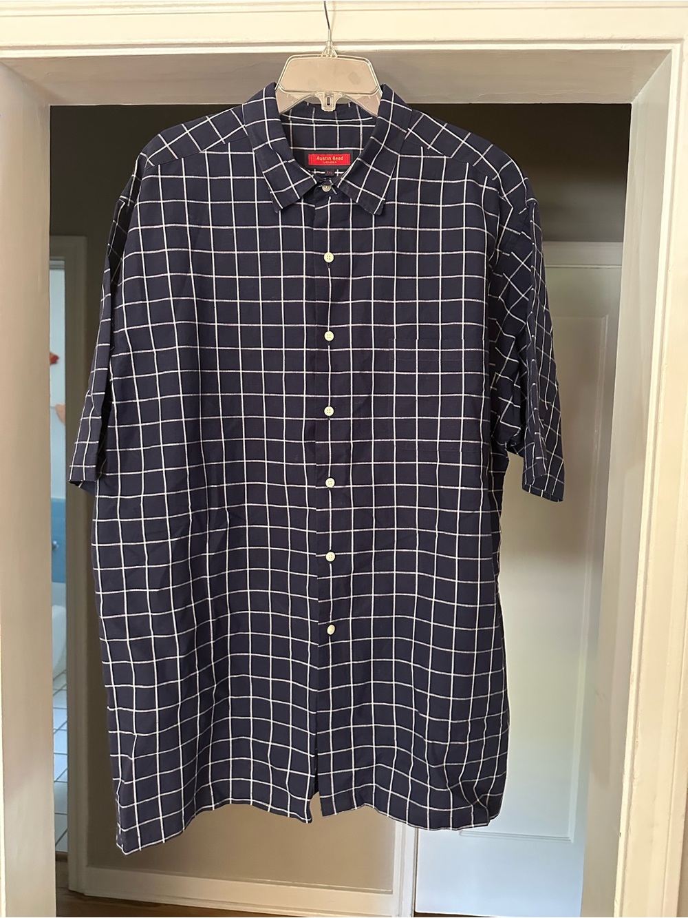 Austin Reed Navy Windowpane Short Sleeve Button-Down Shirt